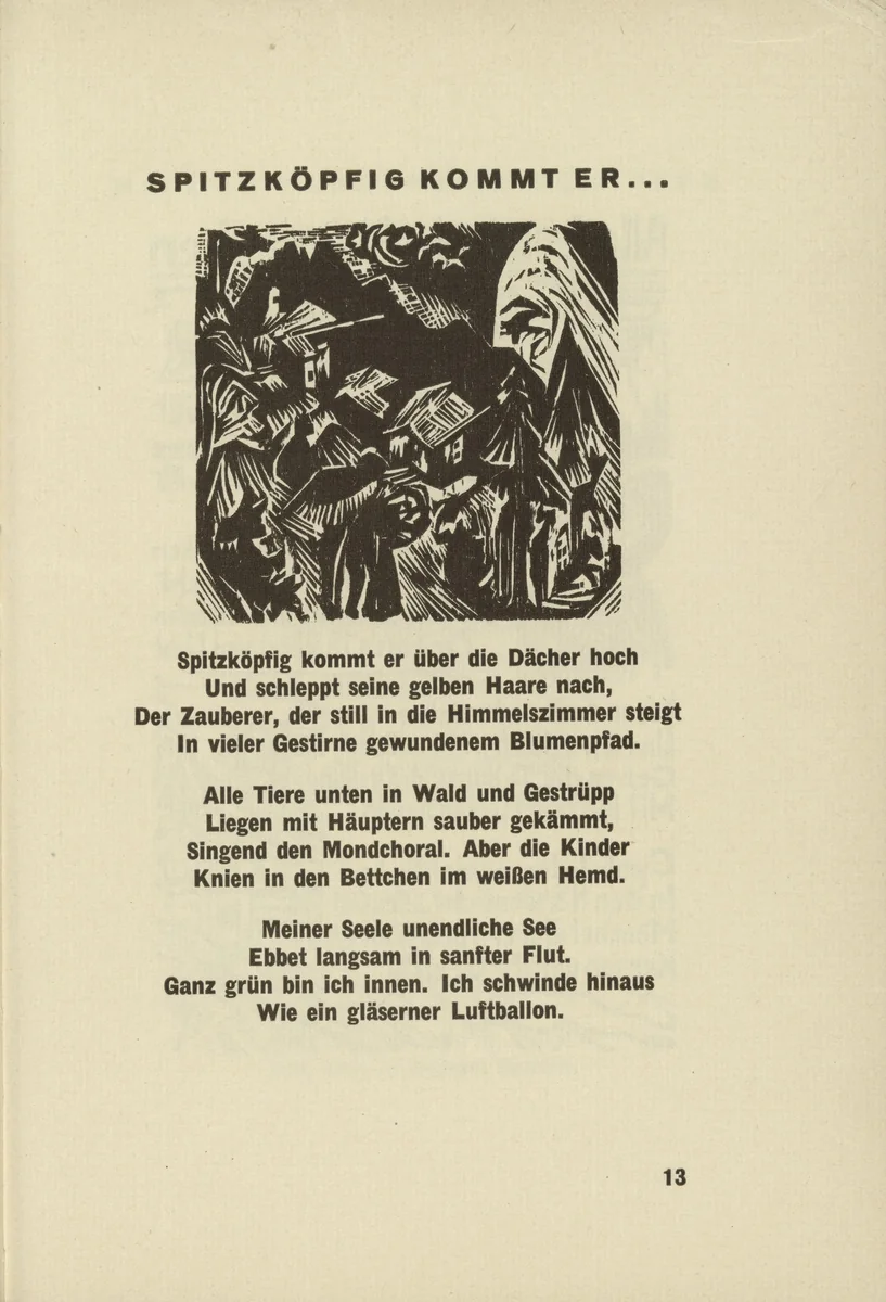 With a Pointed Head He Rises (Spitzköpfig kommt er...) (headpiece, page 13) from Umbra vitae (Shadow of Life) by Ernst Ludwig Kirchner, illustrated book, 1924