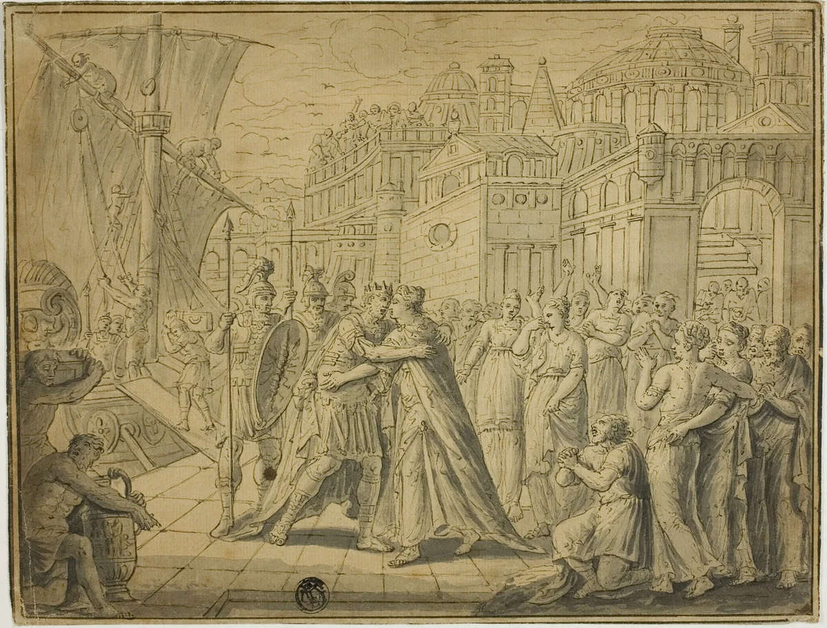 Dido and Aeneas Embracing before Gates of Carthage by Marten de Vos, drawing, 1500-1799