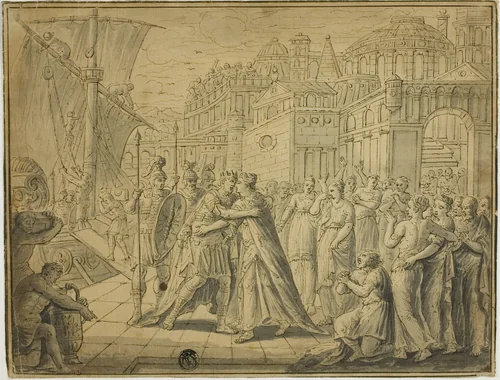 Dido and Aeneas Embracing before Gates of Carthage by Marten de Vos, drawing, 1500-1799