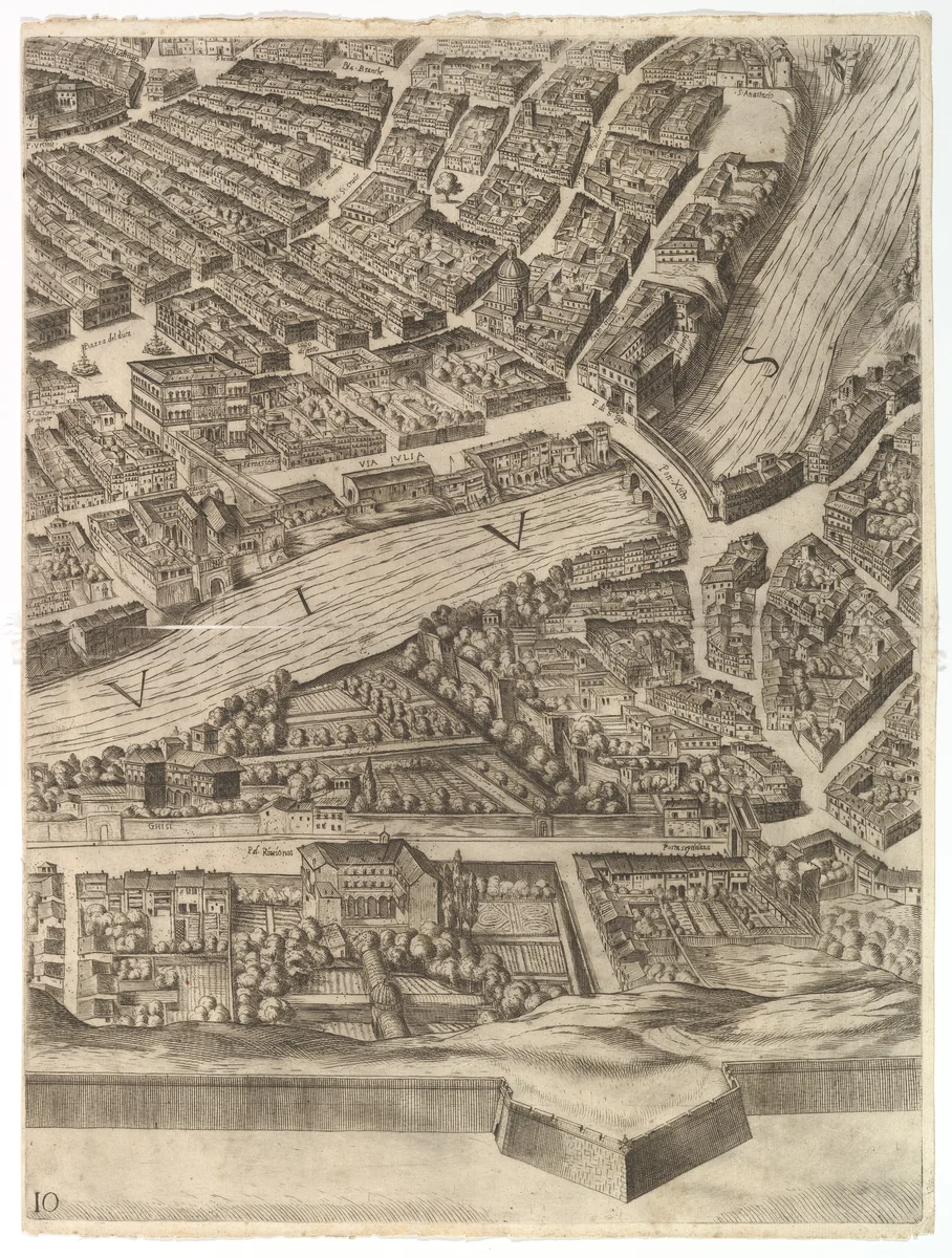 Plan of the City of Rome. Part 10 with the Tiber and the Villa Farnesina by Antonio Tempesta, print, 1645