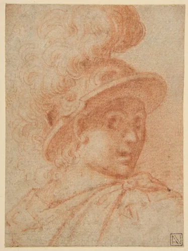 Bust of a Warrior Wearing a Plumed Helmet, Looking Toward Spectator Over His Right Shoulder (recto); Sketch of a Leg (verso) by Camillo Procaccini, drawing, 1605-1609