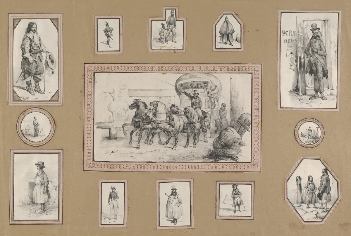 13 mounted prints depicting a carriage scene at center surrounded by various men by Victor Adam, print, 1820-1866