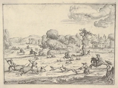 Boar hunt in a landscape by Ercole Bazicaluva, print, 1620-1638