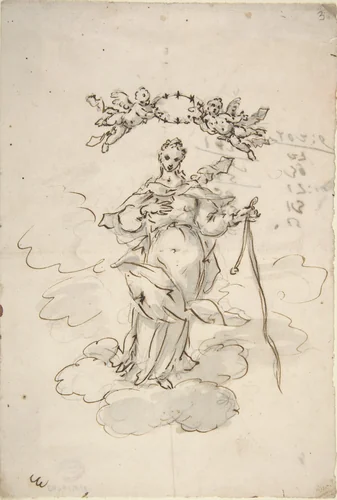 Virgin Standing on Clouds Holding a Scapular in Her Left Hand by Giovanni Antonio Pellegrini, drawing, 1675-1741