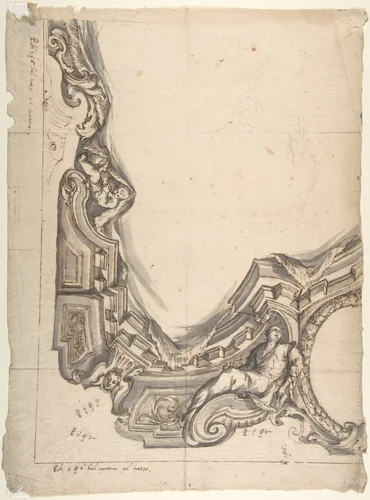 Design for a corner of a Painted Ceiling, Architectural "Cove" with a Seated Figure at the Bottom, and a Putto at the Side by anonymous, drawing, 1700-1780