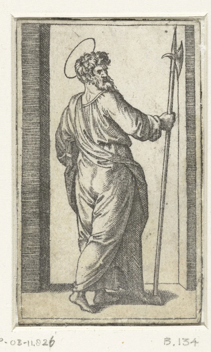 Apostel Judas Taddeüs met hellebaard by Marcantonio Raimondi, print, 1517-1527