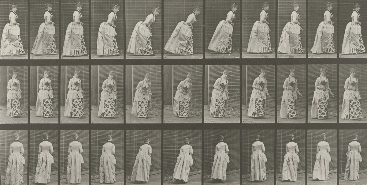 Woman Curtseying: Plate 198 from Animal Locomotion (1887) by Eadweard Muybridge, photograph, 1884