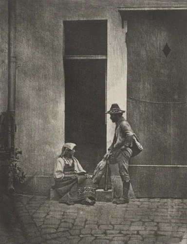 Standing Bag Piper and Seated Italiam Peasant Woman, at the Corner of 21 Quai Bourbon by Charles Nègre, photograph, 1855