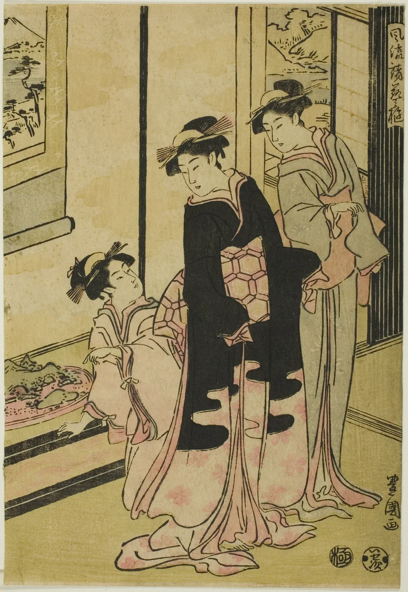 Women viewing miniature landscape, from the series "Furyu moro hanami uwari" by Utagawa Toyokuni I (初代 歌川 豊国), print