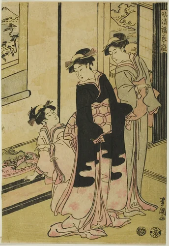 Women viewing miniature landscape, from the series "Furyu moro hanami uwari" by Utagawa Toyokuni I (初代 歌川 豊国), print