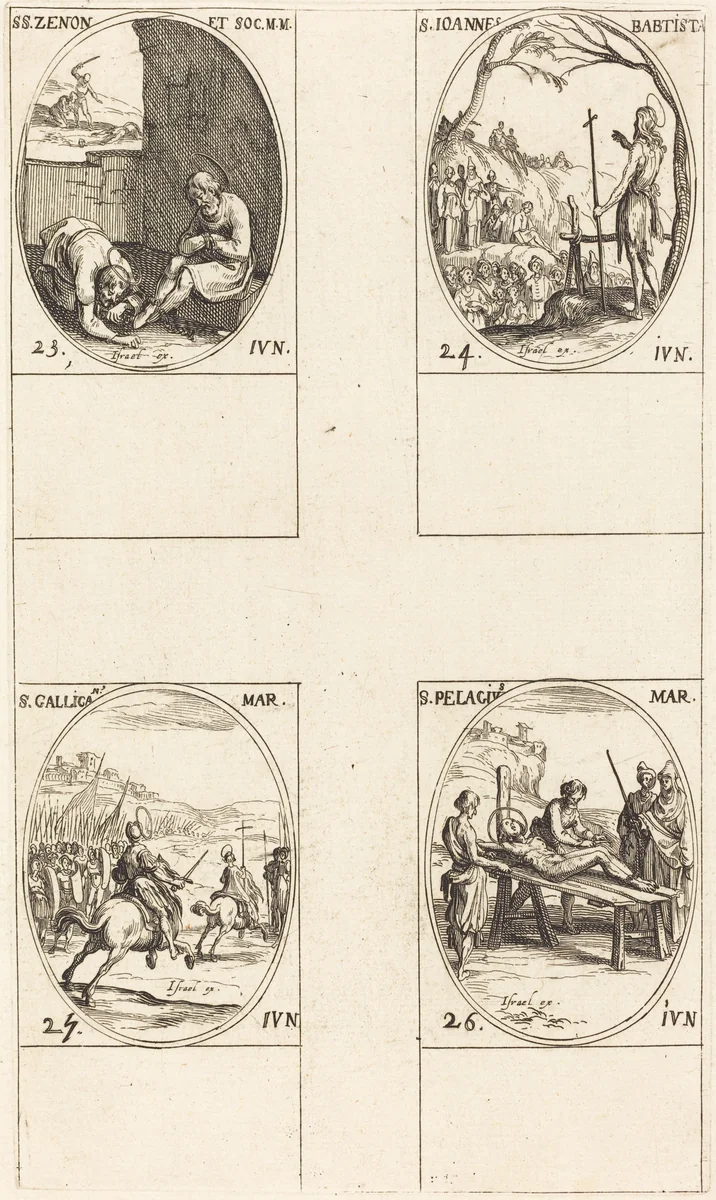St. Zenon and Companions; St. John the Baptist; St. Gallicanus; St. Pelagius by Jacques Callot, print, 1627-1637