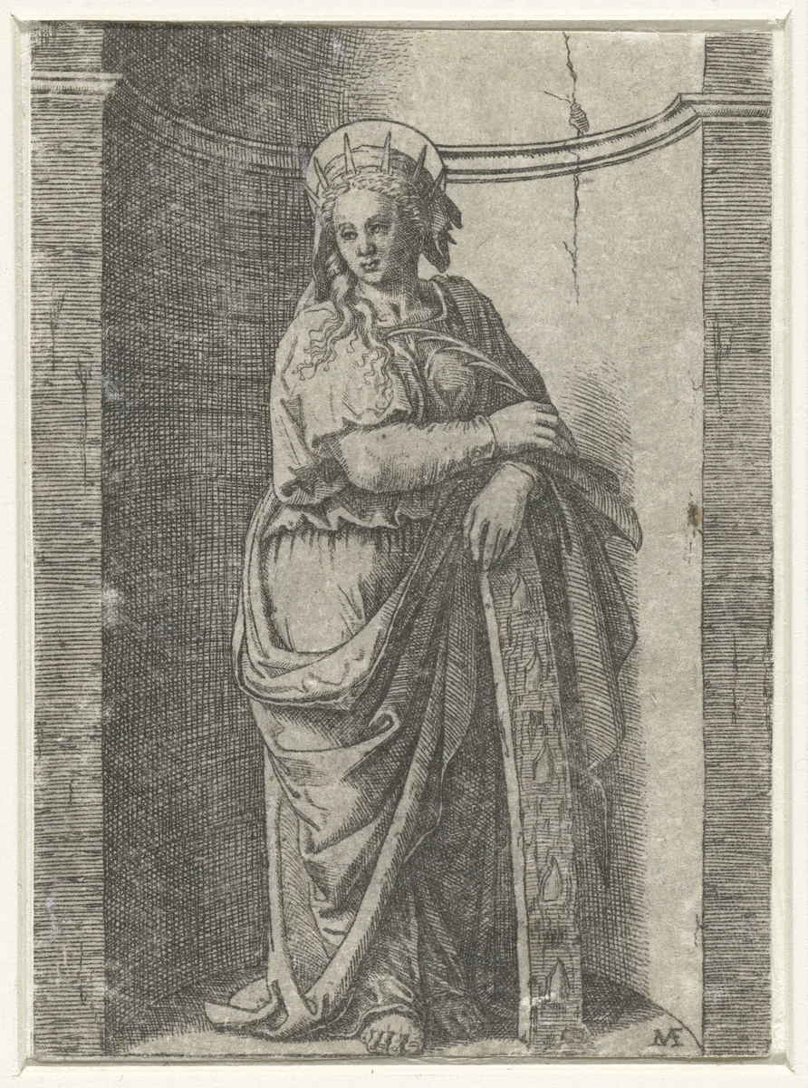 Heilige Catharina staand in nis met gebroken wiel by Unknown, print, 1500-1527
