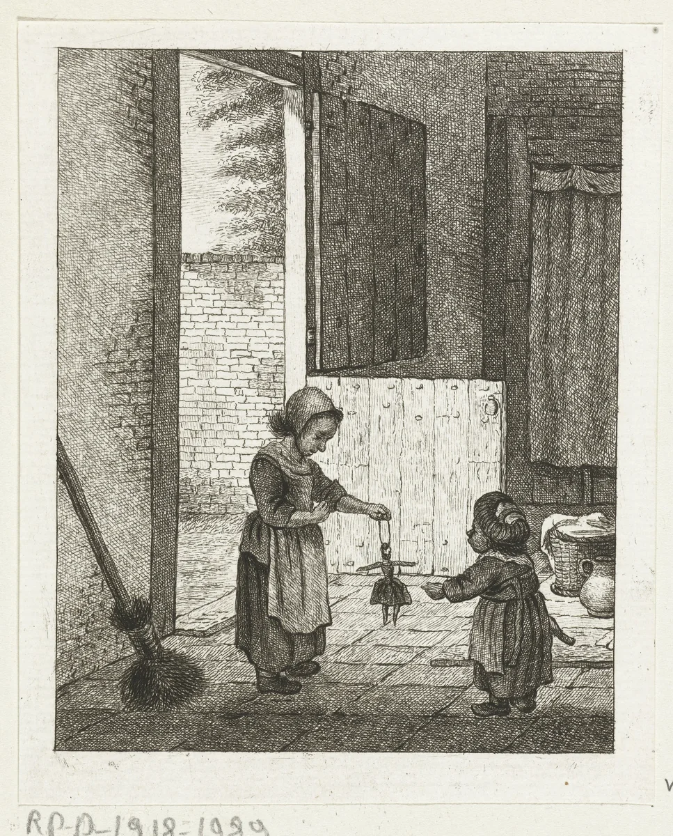 Twee meisjes spelend met een pop by Pieter de Mare, print, 1779