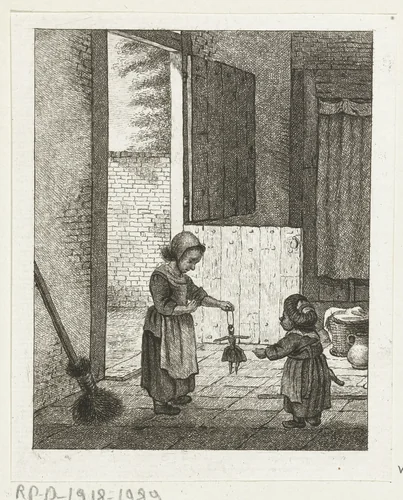 Twee meisjes spelend met een pop by Pieter de Mare, print, 1779