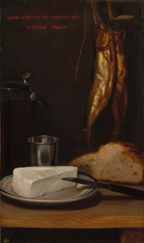 Still Life with Herring, Bread, and Cheese by Alexandre-Gabriel Decamps, painting, 1858