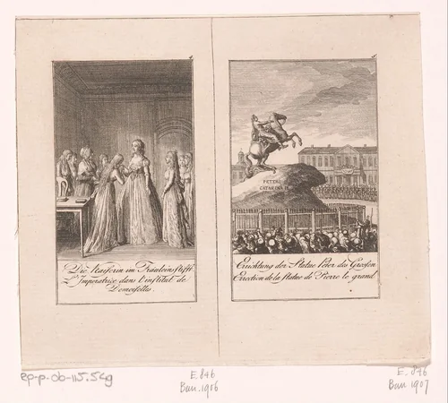 Twee voorstellingen uit de geschiedenis van Catharina de Grote by Daniel Nikolaus Chodowiecki, print, 1797