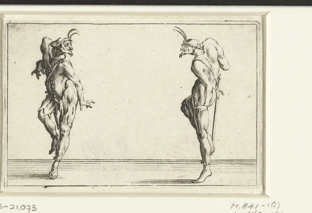 Twee dansers, beiden op de linkerzijde gezien by Jacques Callot, print, 1621