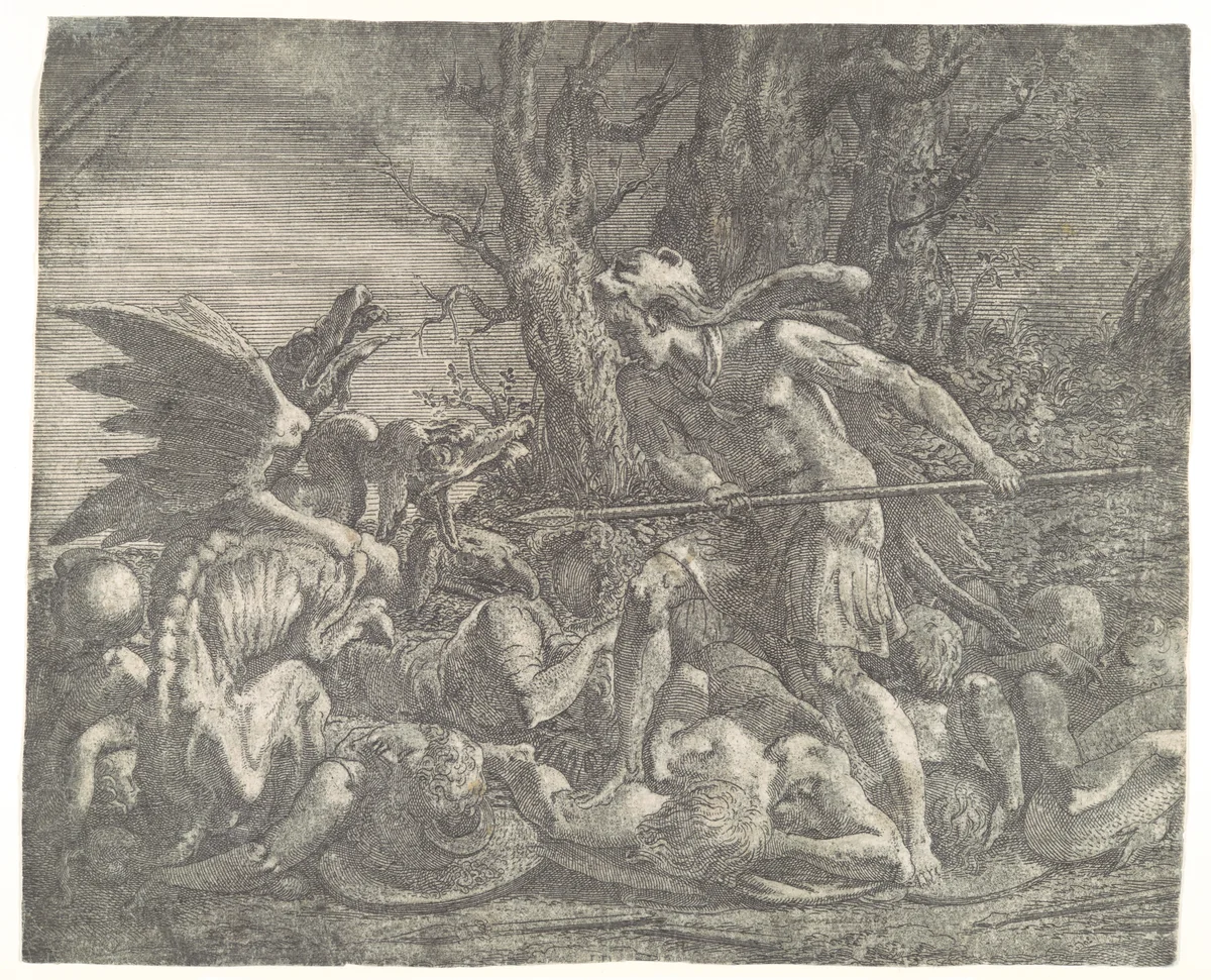 Cadmus killing the Dragon by Léon Davent, print, 1535-1550