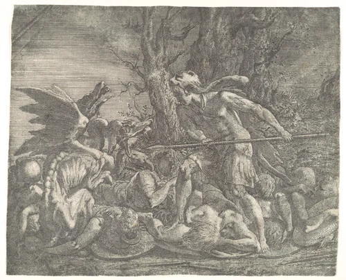 Cadmus killing the Dragon by Léon Davent, print, 1535-1550