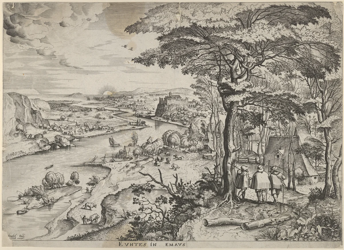 Euntes in Emaus (Landscape with Pilgrims at Emmaus) by Pieter Bruegel, print, 1550-1561