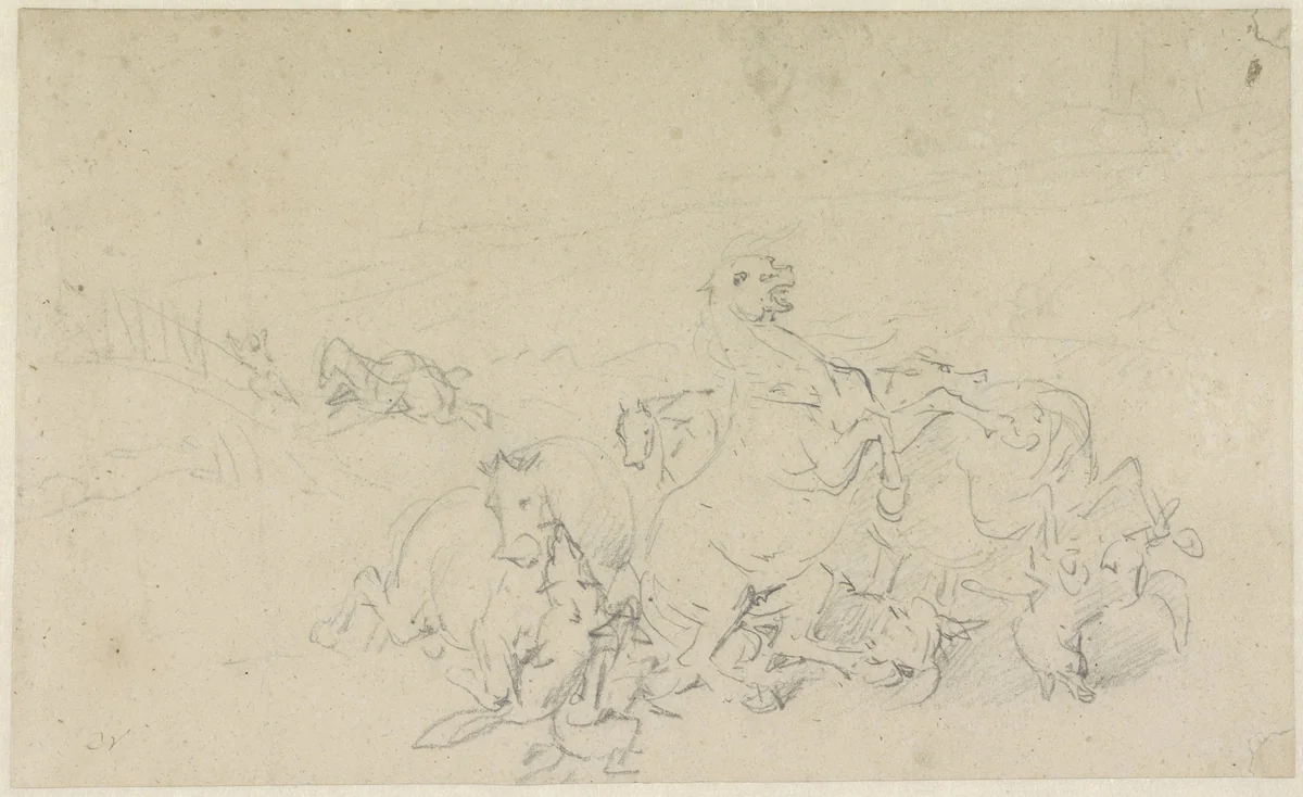 Hongerige wolven overvallen een groep ruiters by Eugène Verboeckhoven, drawing, 1826-1836