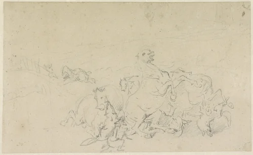 Hongerige wolven overvallen een groep ruiters by Eugène Verboeckhoven, drawing, 1826-1836