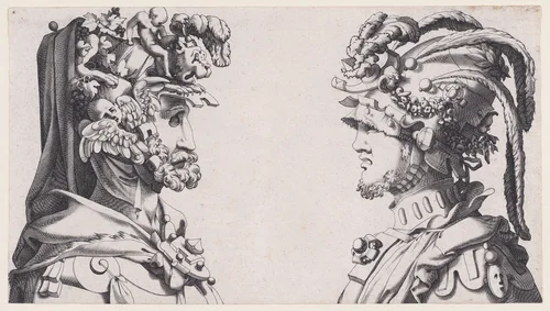 Fantastical Masked Masculine Heads by René Boyvin, print, 1525-1600