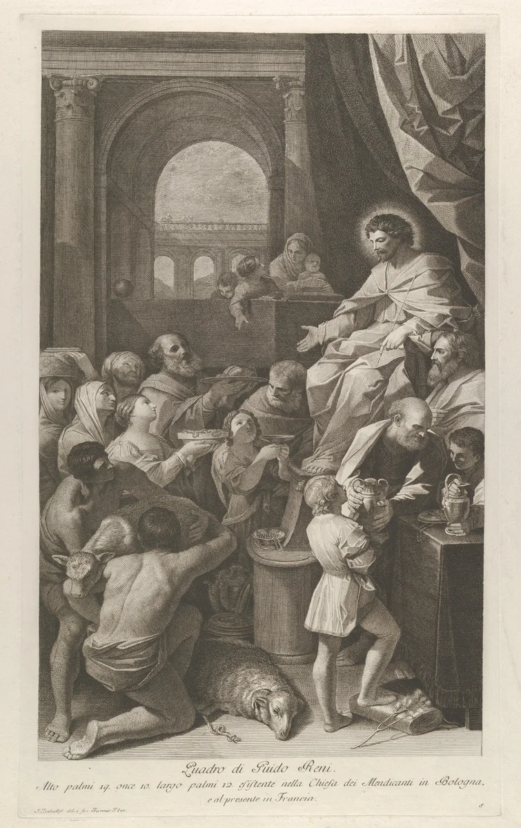 Saint Job seated at right receiving the gifts of the people, archway at left, after Reni by Giuliano Traballesi, print, 1755-1800
