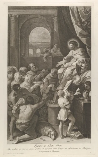 Saint Job seated at right receiving the gifts of the people, archway at left, after Reni by Giuliano Traballesi, print, 1755-1800