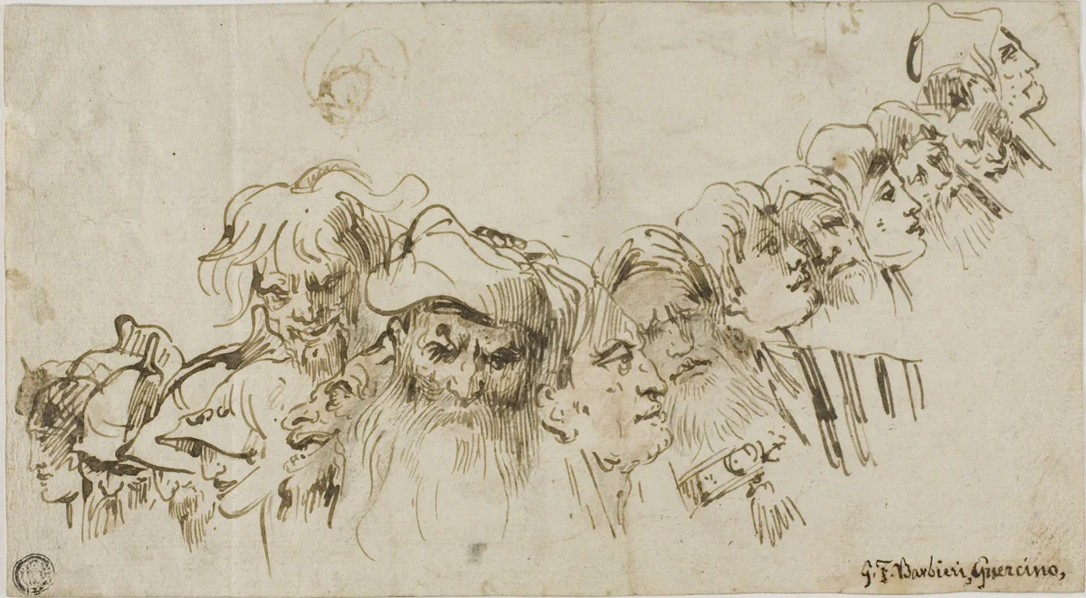 Sketches of Male Heads (recto); Queen and Page (verso) by Giambattista Tiepolo or Giovanni Domenico Tiepolo, drawing, 1716-1804