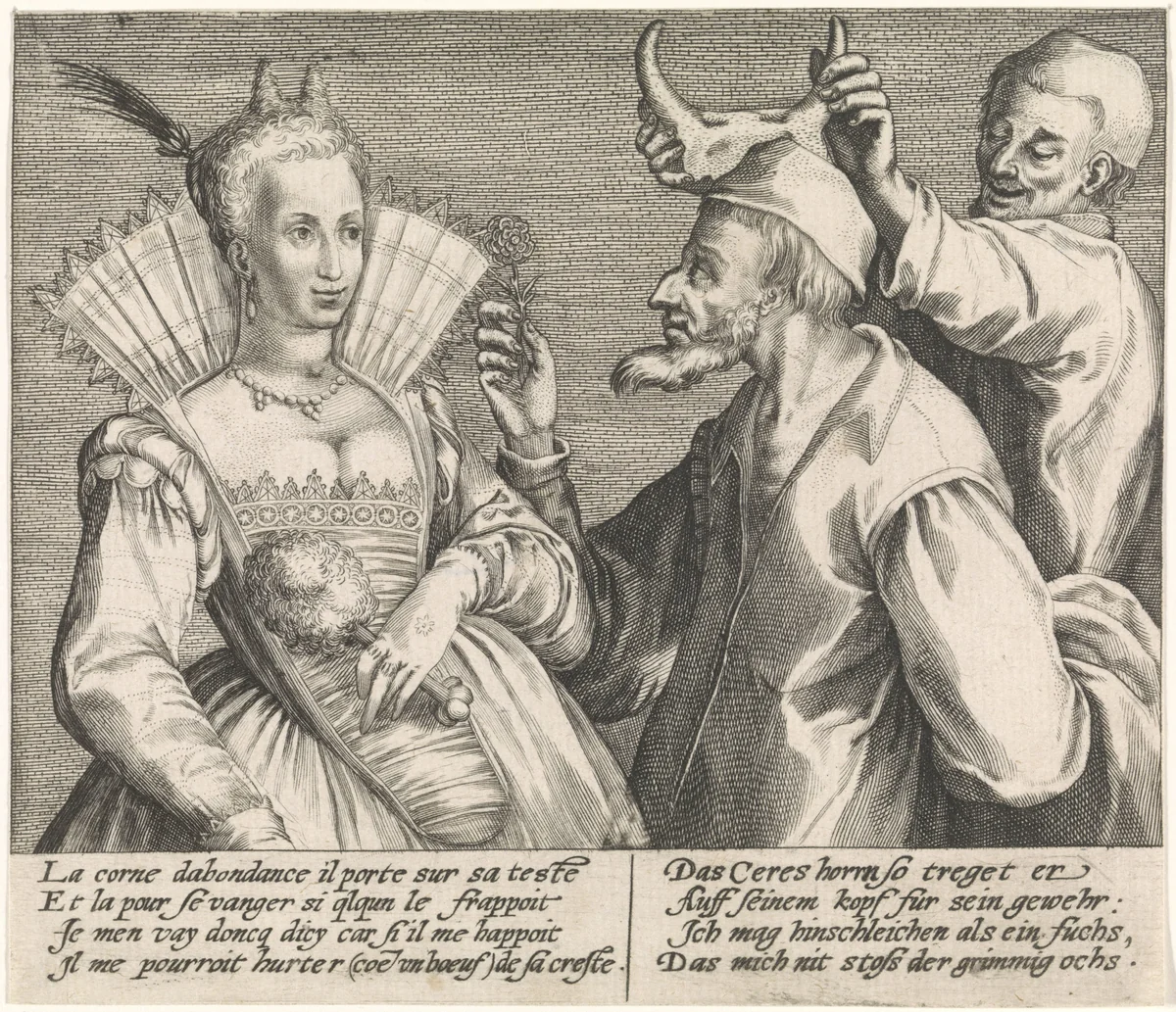 Een jonge vrouw bedriegt haar oude echtgenoot by Crispijn van de Passe, print, 1574-1637