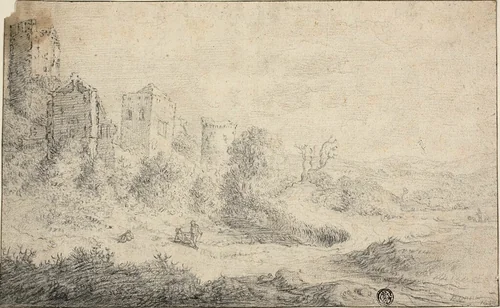 Landscape with Ruined Castle and Three Figures by Pieter de Molijn or Paul Bril or Allart van Everdingen, drawing, 1664