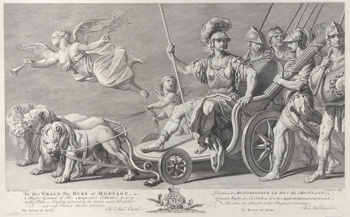Mars on a chariot drawn by three lions by Charles Grignion, print, 1749