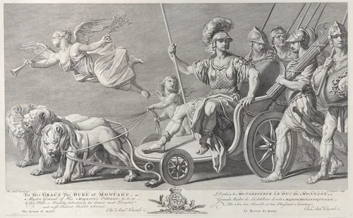 Mars on a chariot drawn by three lions by Charles Grignion, print, 1749