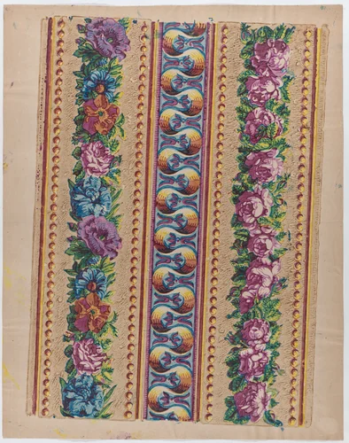 Sheet with a border with pink and multicolor floral garlands by anonymous, print, 1775-1875