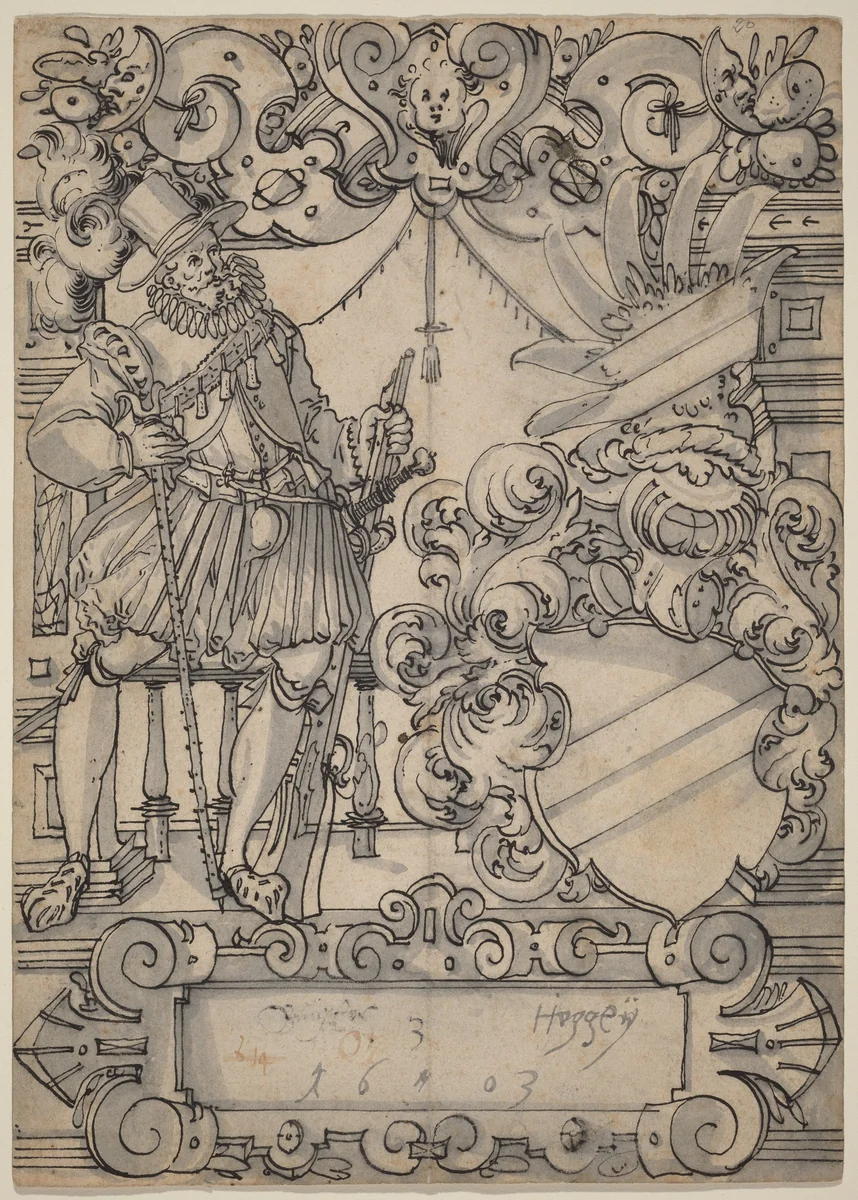 A Donor with a Coat of Arms (Schildbegleiter und Wappenschild mit Schrägbalken) by Hans Jegli II, drawing, 1603