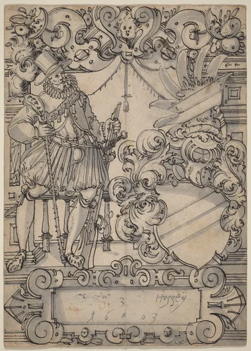 A Donor with a Coat of Arms (Schildbegleiter und Wappenschild mit Schrägbalken) by Hans Jegli II, drawing, 1603