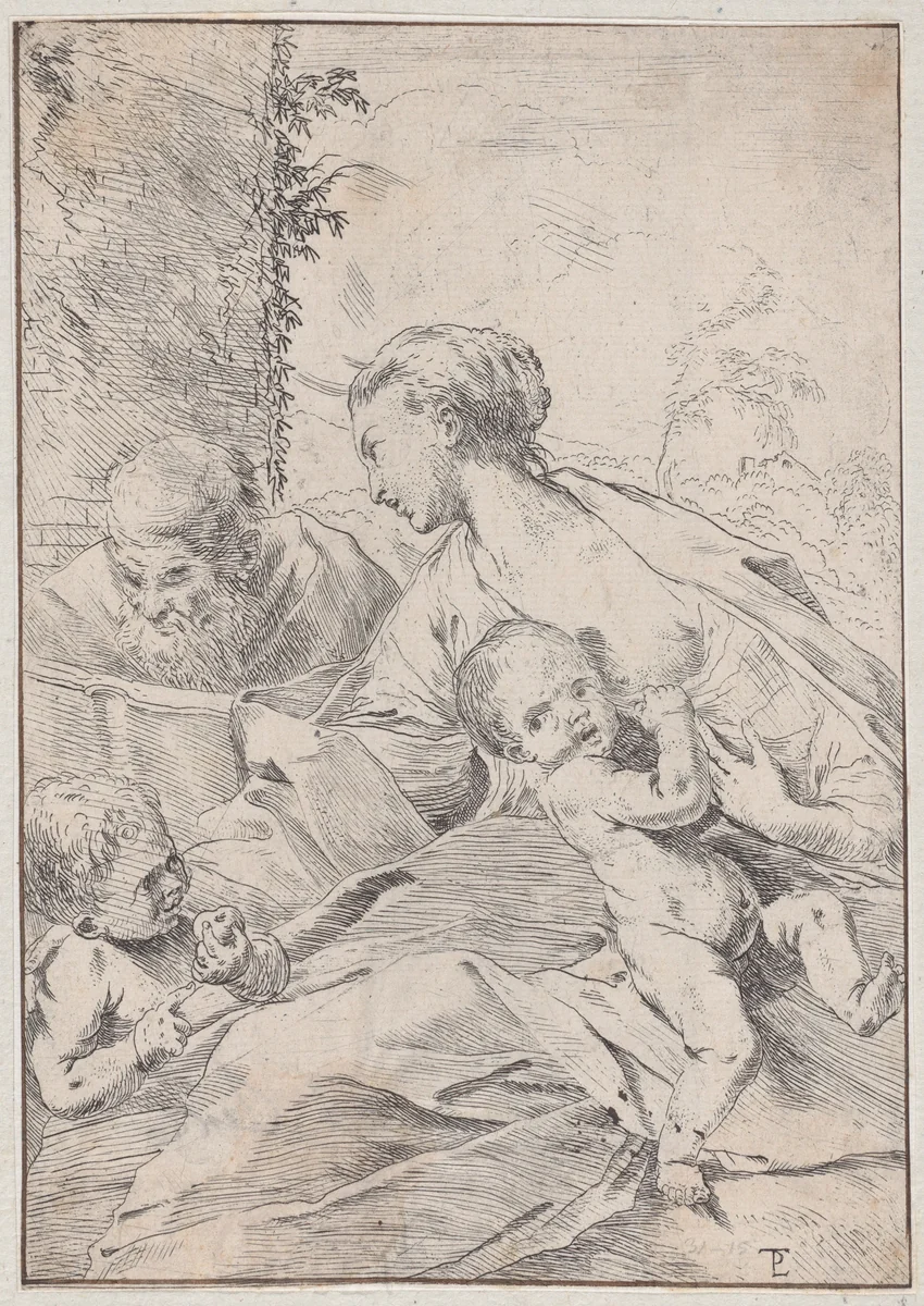 The Holy Family with the infant Saint John holding an apple by Pietro Testa, print, 1620-1650