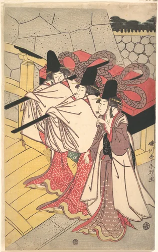 Prince Genji Returning to His Palace where His Wife Awaits Him by Rekisentei Eiri, print, 1787-1807