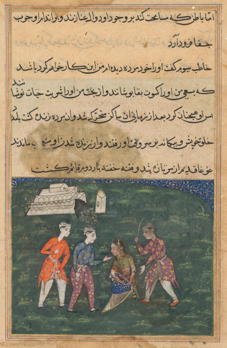 The third suitor strikes the devotee’s daughter and thus restores her to life, from a Tuti-nama (Tales of a Parrot): Twentieth Night by Unknown, painting, 1555-1565