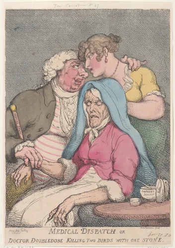 Medical Dispatch or Doctor Doubledose Killing Two Birds with One Stone by Thomas Rowlandson, print, 1810