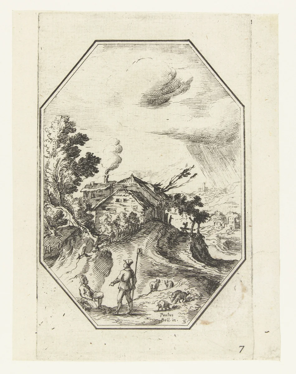 Landschap met herder in octagonaal kader by anonymous, print, 1582-1700
