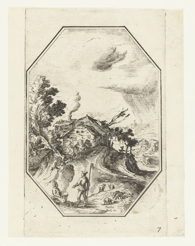 Landschap met herder in octagonaal kader by anonymous, print, 1582-1700