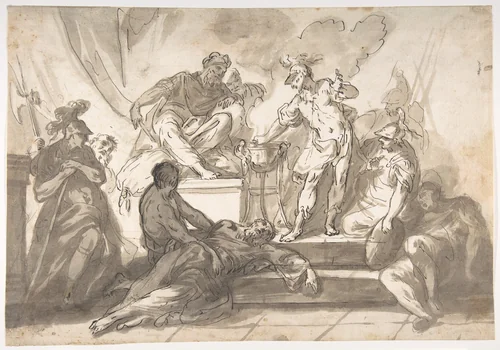 Gaius Mucius Scaevola Thrusting His Right Hand into Fire by Marco Marcola, drawing, 1740-1793