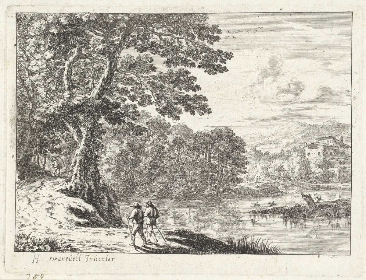 Landschap met een marskramer en wandelaars by anonymous, print, 1623-1705