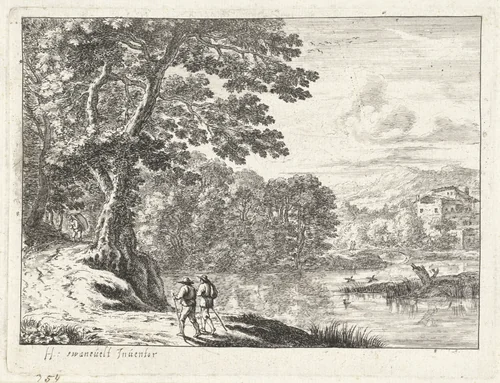 Landschap met een marskramer en wandelaars by anonymous, print, 1623-1705