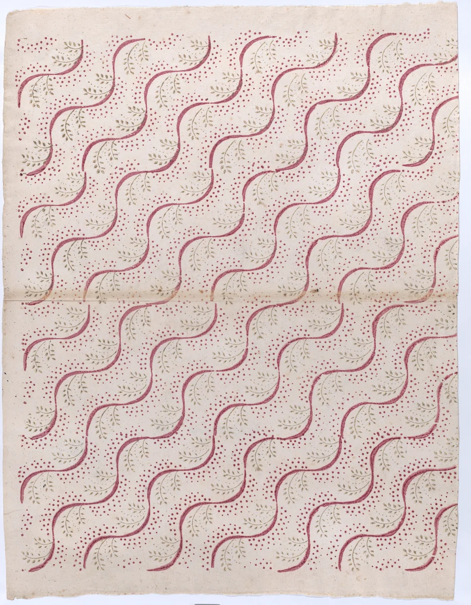 Book cover with overall red and green vine pattern by anonymous, print, 1800-1900