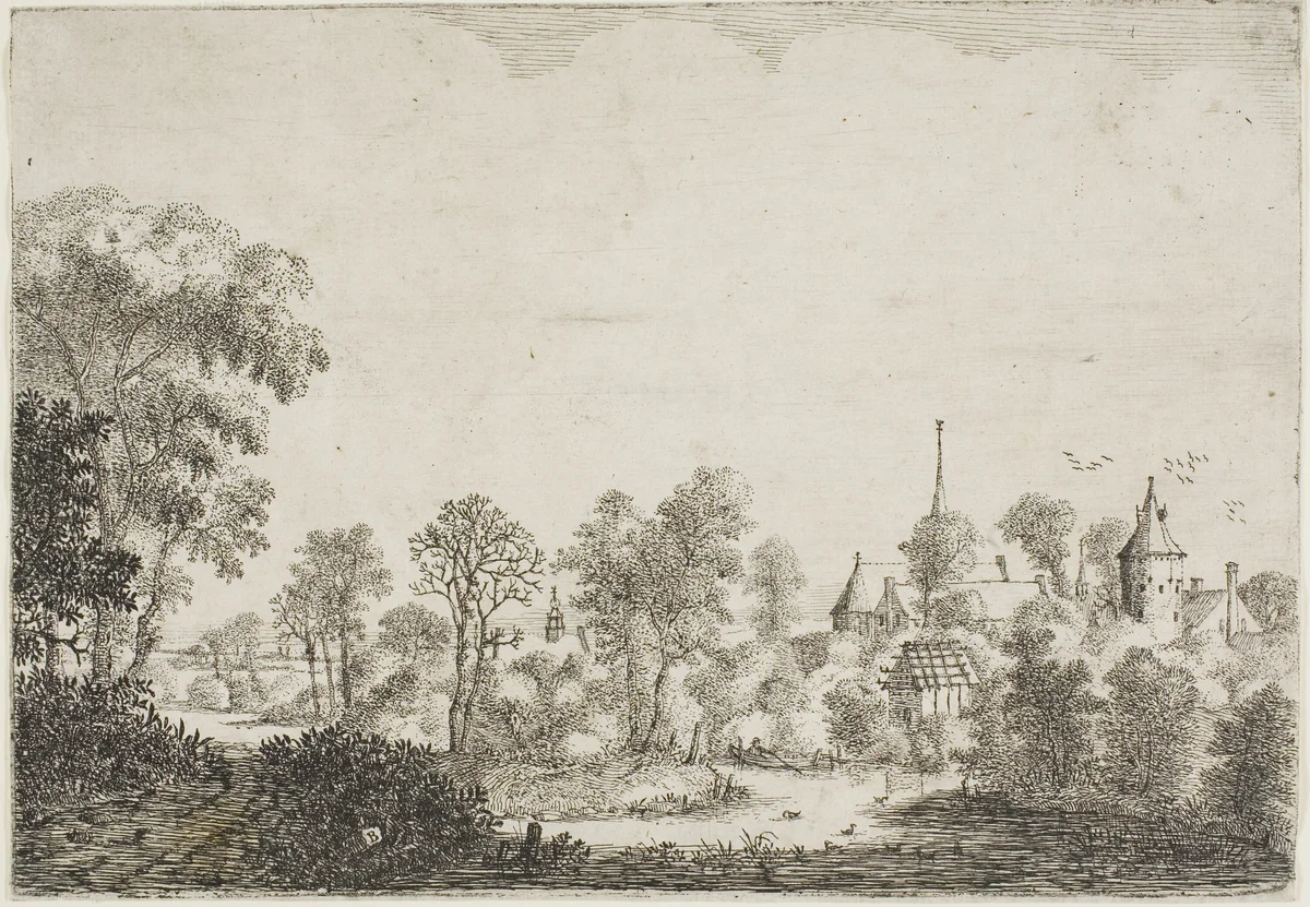 Landscape with a Man in a Boat by Jan Brosterhuisen, print, 1640-1650