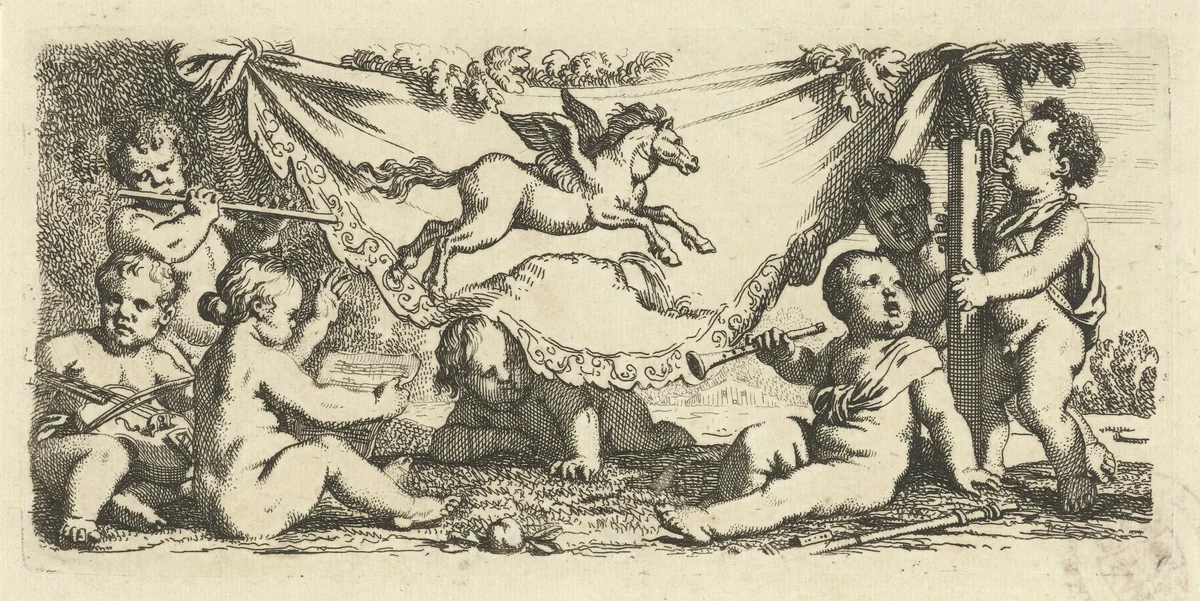 Musicerende putti met Pegasus by Gerard de Lairesse, print, 1670