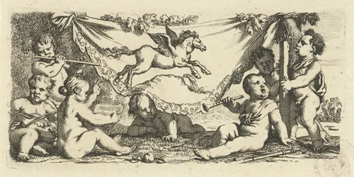 Musicerende putti met Pegasus by Gerard de Lairesse, print, 1670